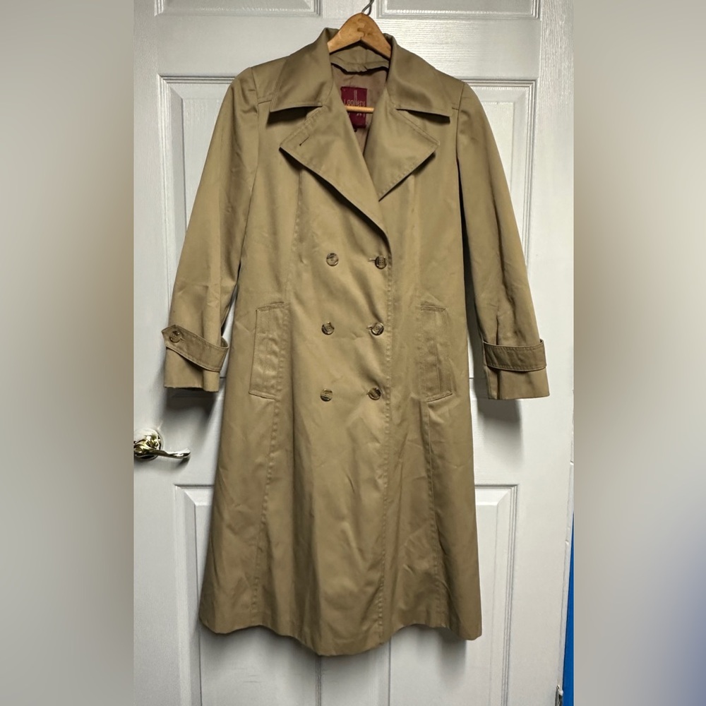 Vintage J Gallery Long Trench Coat Tan Double Breasted Missing Liner